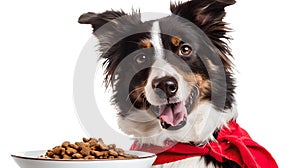 Smiling border collie in a red scarf anticipates mealtime, pet nutrition conceptualized, friendly dog portrait. AI