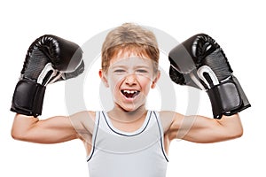 Smiling boxing champion boy gesturing for victory triumph