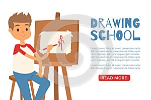 Smiling boy artist painting a piece of art on a canvas on easel in drawing school web vector template. Color paint