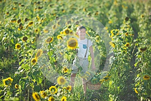 A smiling boy with a basket of sunflowers. Smiling boy with sunflower. A cute smiling boy in a field of sunflowers.