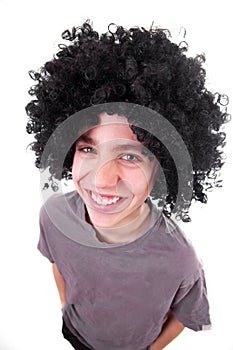 Smiling boy with black wig