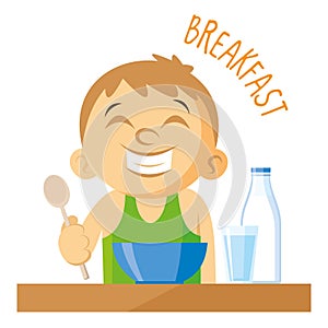 Smiling boy. Breakfast Vector illustration