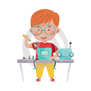 Smiling Boy Character Engineering and Configurating Robot Vector Illustration