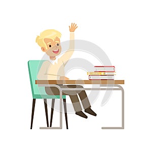 Smiling boy character in school uniform sitting at the desk with textbooks and raising his hand vector Illustration