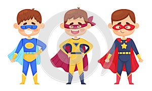 Smiling Boy Character in Superhero Costume and Cloak Standing Ready to Save the World Vector Illustrations Set