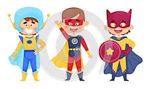 Smiling Boy Character in Superhero Costume and Cloak Standing Ready to Save the World Vector Illustrations Set