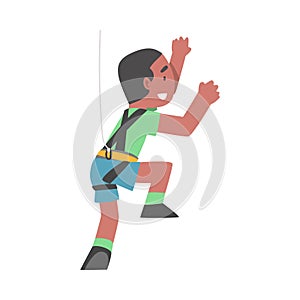 Smiling Boy Climbing Wall, Kid Climber Character Practicing Extreme Sport, Having Fun in Adventure Park Cartoon Style