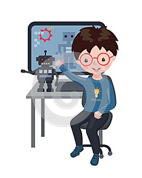 Smiling boy creating smart robot and programming it