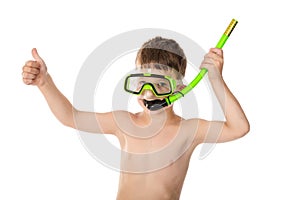 Smiling boy in diving mask with thumb up sign