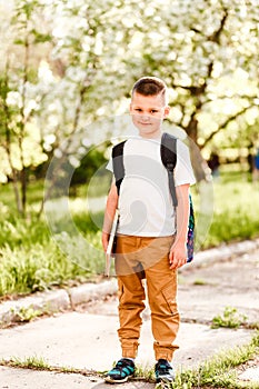 Smiling boy first-grader with backpack and book goes to school