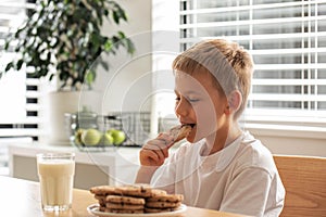 A smiling boy with fresh farm milk and homemade cookies. Breakfast, dairy products