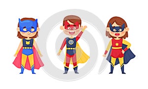 Smiling Boy and Girl Character in Superhero Costume and Cloak Standing Ready to Save the World Vector Illustrations Set