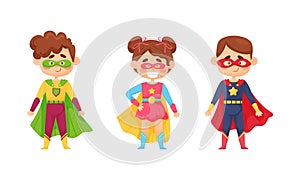 Smiling Boy and Girl Character in Superhero Costume and Cloak Standing Ready to Save the World Vector Illustrations Set