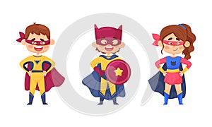 Smiling Boy and Girl Character in Superhero Costume and Cloak Standing Ready to Save the World Vector Illustrations Set