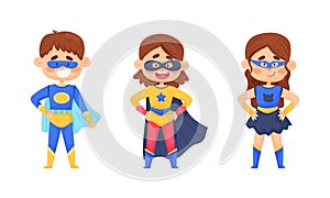 Smiling Boy and Girl Character in Superhero Costume and Cloak Standing Ready to Save the World Vector Illustrations Set