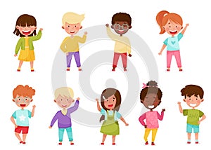 Smiling Boy and Girl Characters Greeting Waving Hand and Saying Hi Vector Illustration Set photo