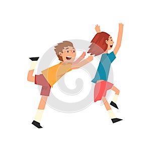 Smiling Boy And Girl Playing Together, Happy Children Having Fun at Birthday Party, Vector Illustration