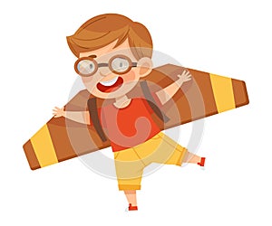 Smiling Boy in Goggles Flying and Piloting with Improvised Fake Aircraft Vector Illustration
