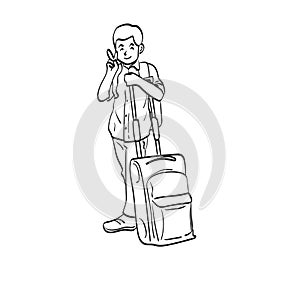 Smiling boy with his travel luggage showing victory sign hand illustration vector hand drawn isolated on white background line art