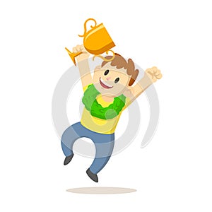 Smiling boy jumping with a golden trophy in his hand. Boy holding trophy jumping for joy. Flat vector illustration