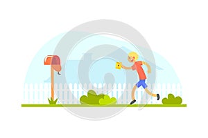 Smiling Boy with Letter Running to Mailbox Vector Illustration
