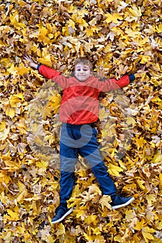 Smiling boy lies in yellow autumn leaves. Top view. Autumn concept