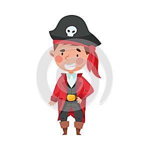 Smiling Boy in Pirate Costume Wearing Hat with Skull Vector Illustration