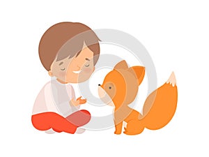 Smiling Boy Playing with Fox Cub, Kid Interacting with Animal in Contact Zoo Cartoon Vector Illustration