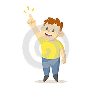 Smiling boy pointing his finger up as showing something, cartoon character design. Flat vector illustration, isolated on