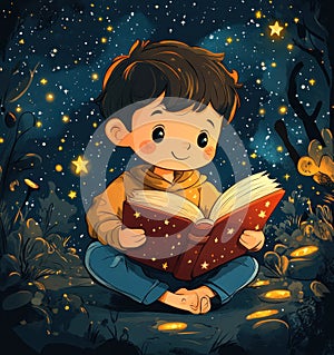Smiling Boy Reading Book Under Night Sky Illustration