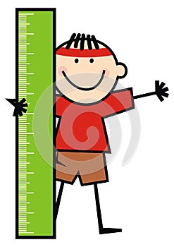 Smiling boy with ruler, vector humorous illustration