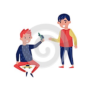 Smiling boy sharing toy car with another child. Kid with good manners. Flat vector illustration