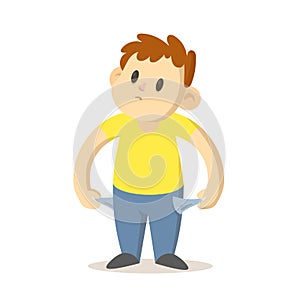 Smiling boy showing his empty pockets, poor, broke young man. Cartoon character design. Flat vector illustration