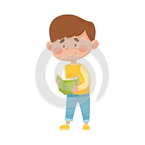 Smiling Boy Standing with Open Book and Reading Vector Illustration