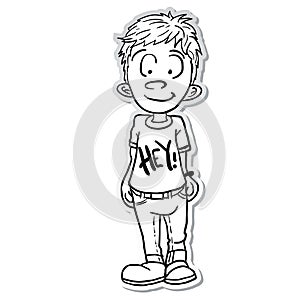 Smiling boy standing sticker black and white