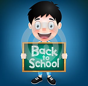 Smiling Boy Student Character Holding Green Chalkboard photo