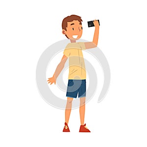 Smiling Boy Taking Selfie Photo, Cute Child Character Photographing Himself with Smartphone Cartoon Vector Illustration