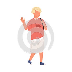 Smiling boy waving hand and saying hi or bye. Schoolboy walking and carrying school bag. Blonde kid gesturing hello or goodbye.