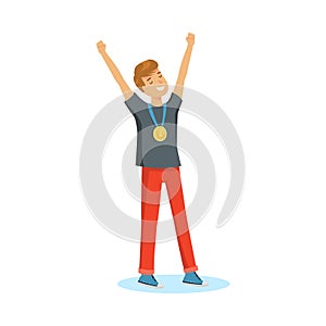 Smiling boy winner wearing gold medal on neck vector illustration