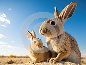 A smiling brown rabbit mother playing with her baby in an affectionate moment, blurred green grass and blue sky, generative AI