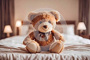 Smiling brown teddy bear sitting alone on the bed.