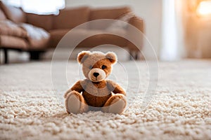 Smiling brown teddy bear sitting alone on the floor.