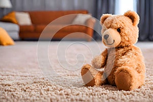 Smiling brown teddy bear sitting alone on the floor.
