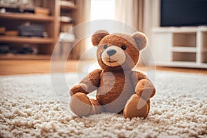 Smiling brown teddy bear sitting alone on the floor.