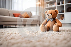 Smiling brown teddy bear sitting alone on the floor.