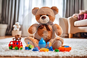 Smiling brown teddy bear sitting alone on the floor with some other toys.