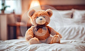 Smiling brown teddy bear sitting in bed.