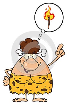 Smiling Brunette Cave Woman Cartoon Mascot Character With Good Idea And Speech Bubble