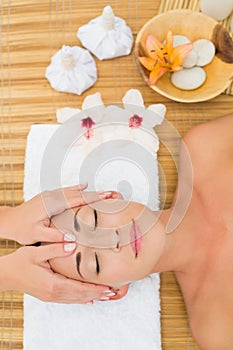 Smiling brunette enjoying a head massage