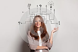Smiling brunette woman with arrows, light bulb, question marks above her head. Idea, brainstorming, business stratgy, thinking